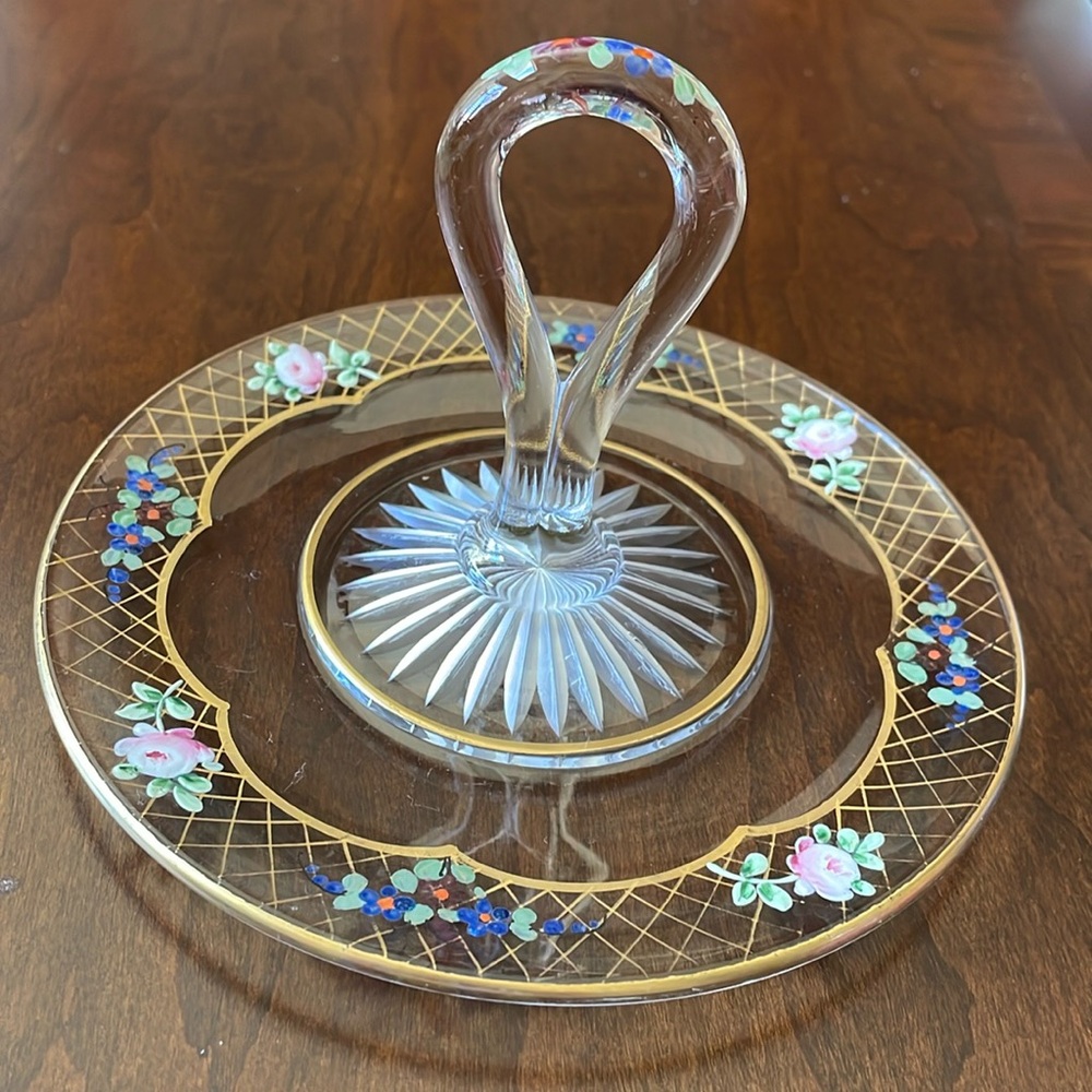 VTG hand painted glass Tidbit tray serving dish trinket 6.25” diameter
